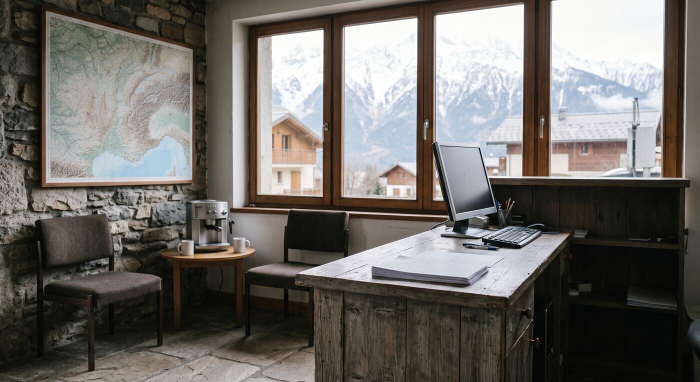 Le comptoir d'accueil en bois, la carte des Alpes au mur et la machine à café