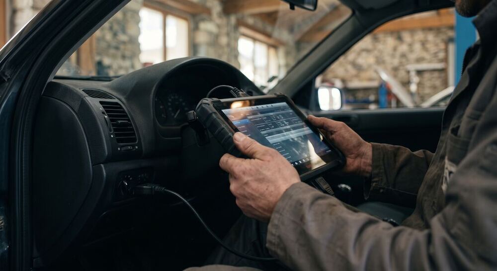 Valise de diagnostic branchée sur la prise OBD d'un véhicule