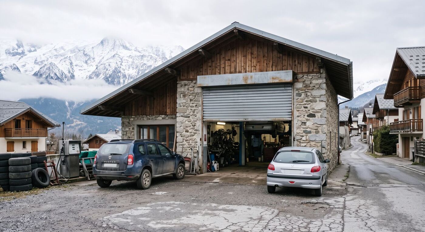 La façade du garage, une ancienne ferme en pierre et bois au bord de la route, deux voitures garées devant