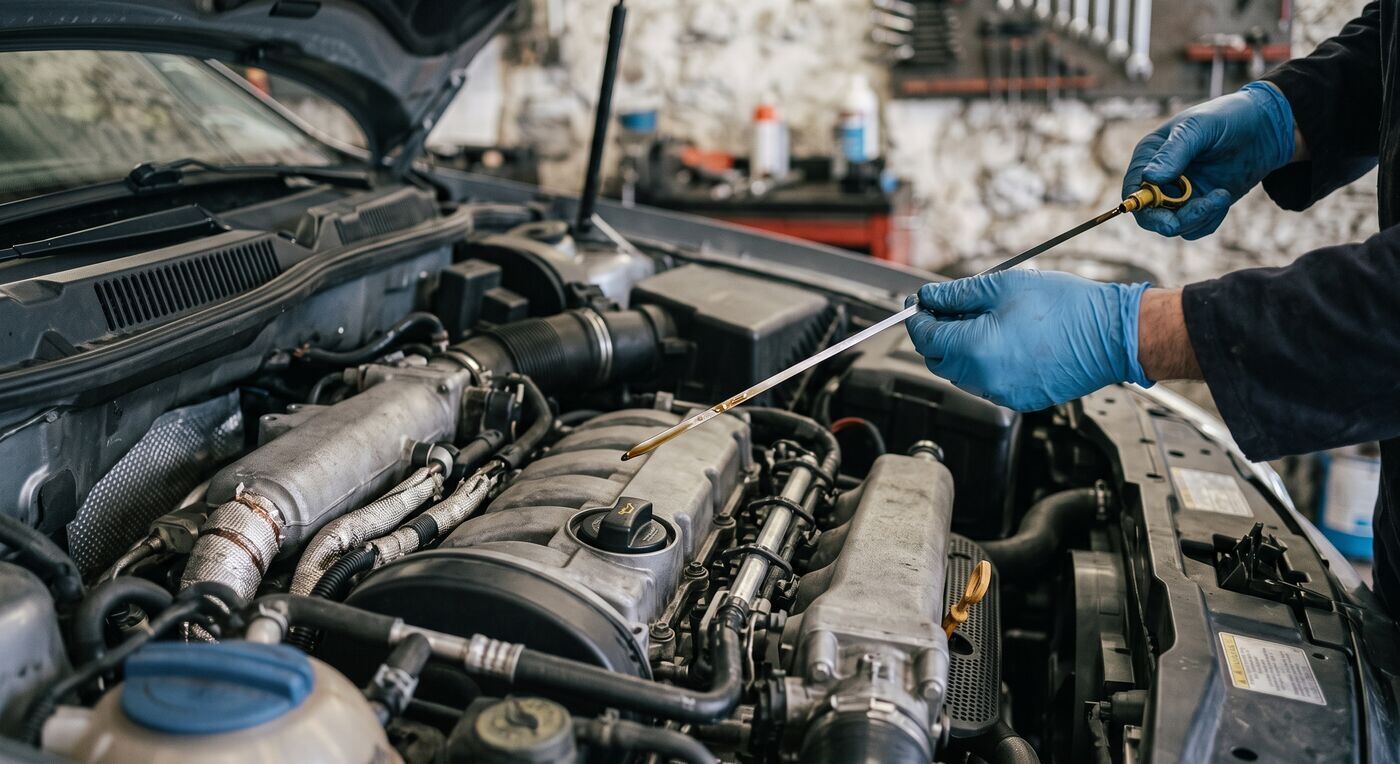 Contrôle du niveau d'huile à la jauge sur un moteur, mains gantées de bleu