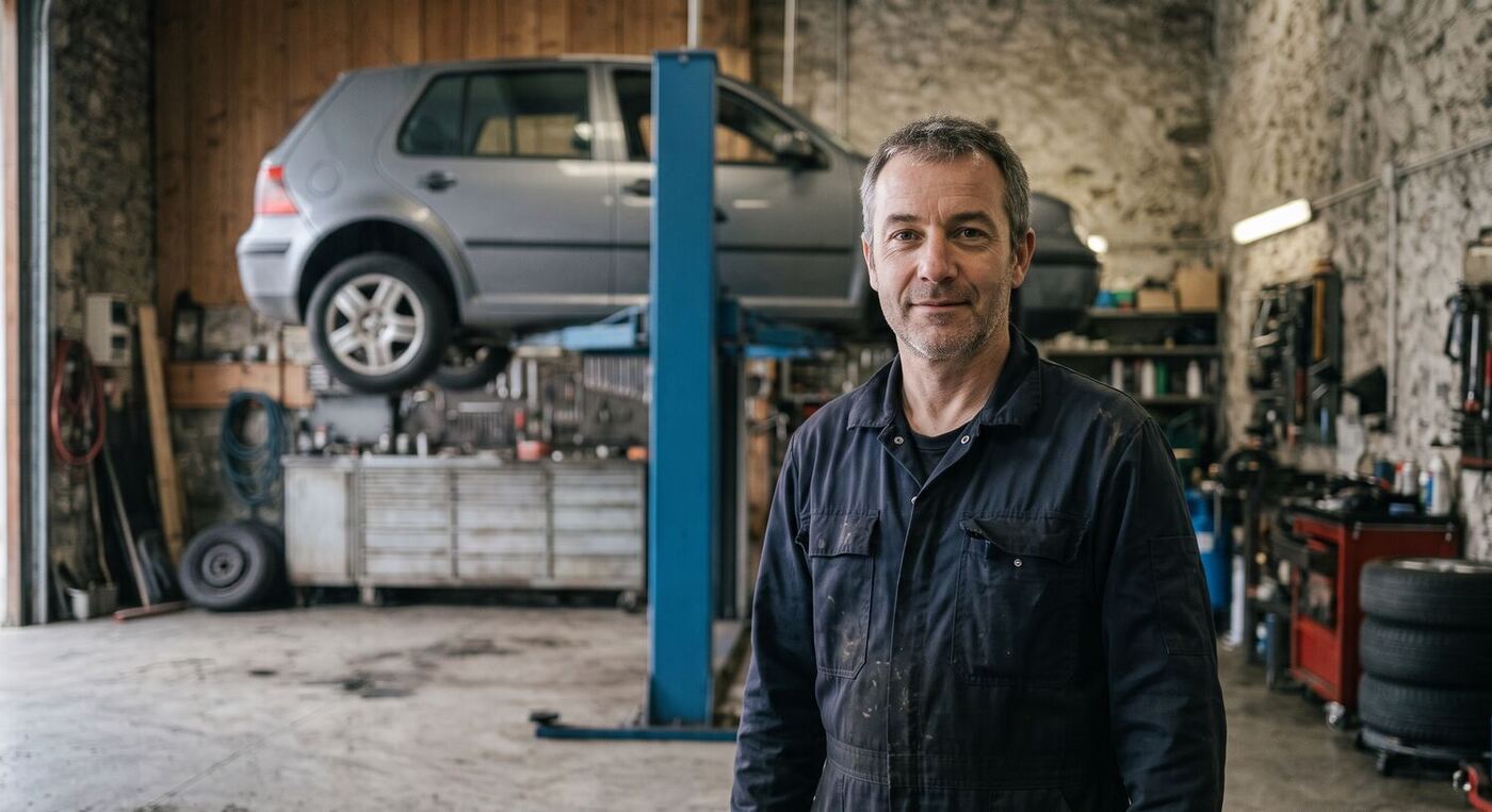 Jean-Marc Vallin en bleu de travail devant le pont élévateur de son atelier