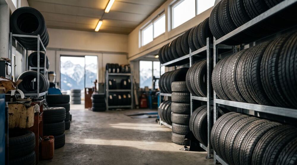 Rayonnages de pneus stockés dans l'atelier, porte vitrée ouverte sur les montagnes